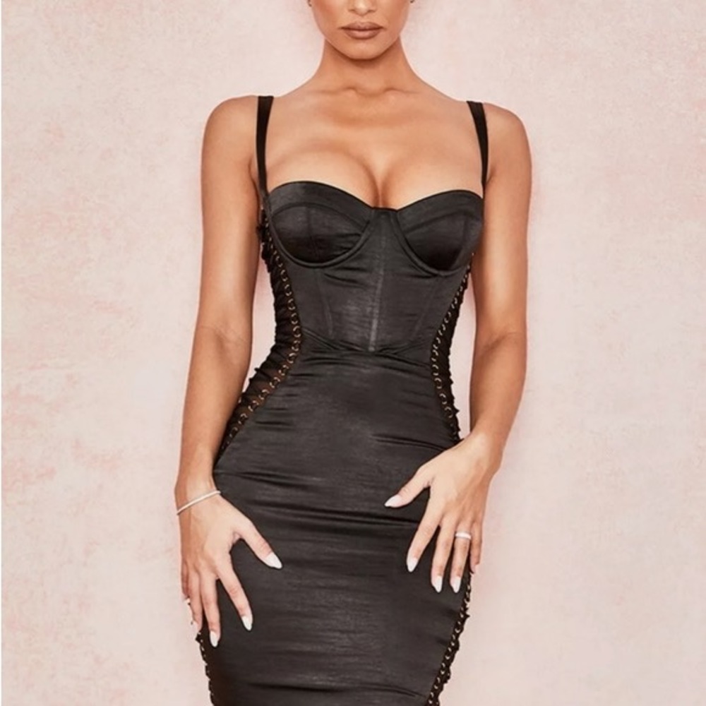 HOUSE OF CB/ Sexy Angelina Black Strappy Lace Up Side Ties Bodycon Midi Dress